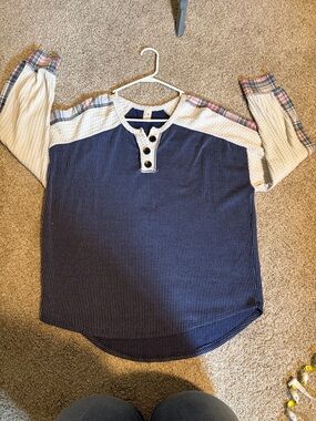 Womens Navy Waffle-Knit Henley Top with Plaid Trim